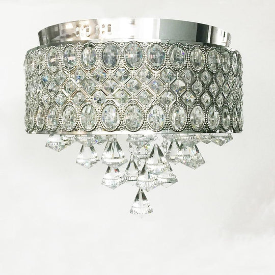 4-Light Drum Shaped Crystal Metal Modern Flush Mount Chandelier