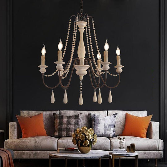 Rustic Farmhouse Wood Bead Chandelier with Teardrops Candle Style Lights
