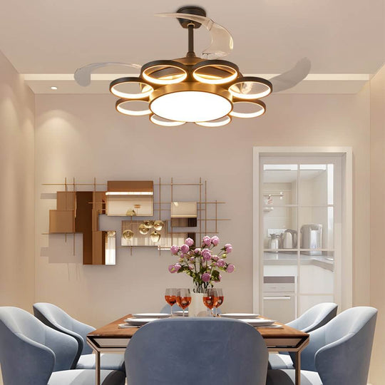 Invisible Silent Ring Ceiling Fan Light with Remote – 8-Ring LED Chandelier, 3-Step Dimming, Retractable Blades