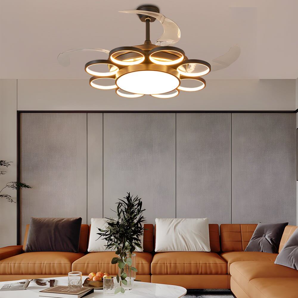 Invisible Silent Ring Ceiling Fan Light with Remote – 8-Ring LED Chandelier, 3-Step Dimming, Retractable Blades