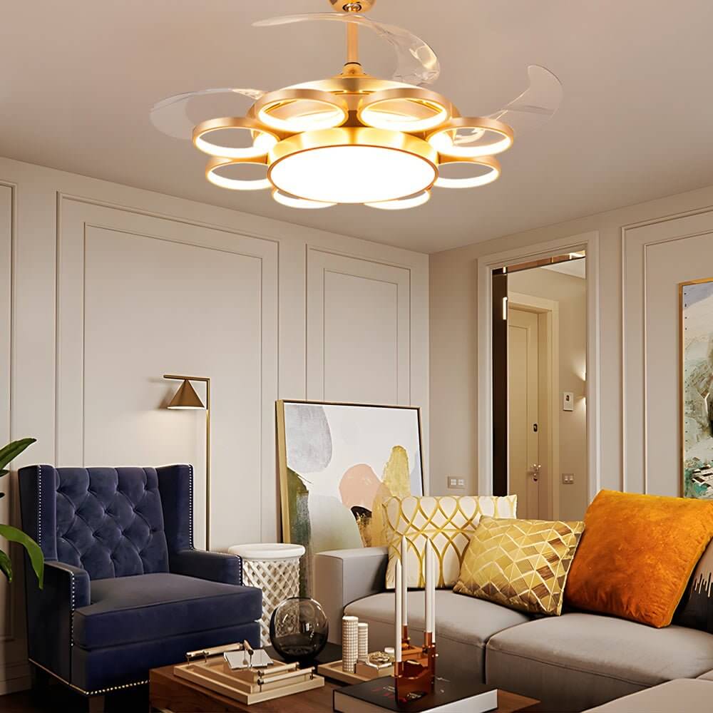 Invisible Silent Ring Ceiling Fan Light with Remote – 8-Ring LED Chandelier, 3-Step Dimming, Retractable Blades