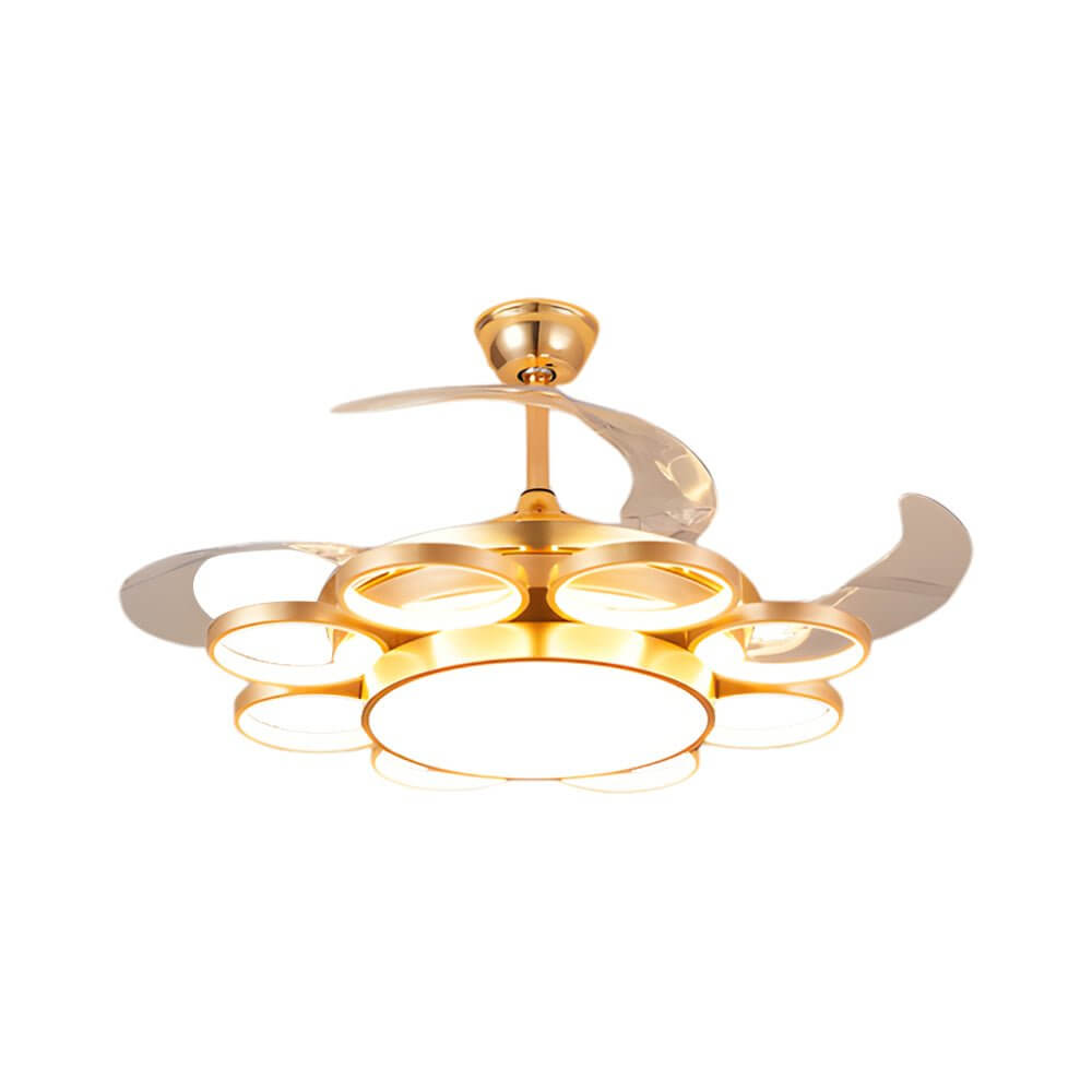 Invisible Silent Ring Ceiling Fan Light with Remote – 8-Ring LED Chandelier, 3-Step Dimming, Retractable Blades