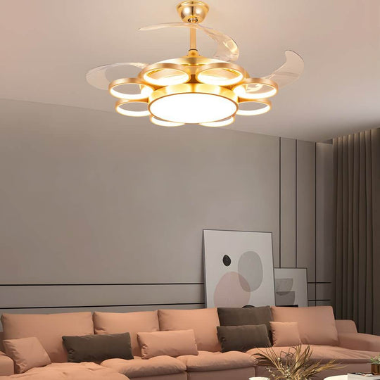 Invisible Silent Ring Ceiling Fan Light with Remote – 8-Ring LED Chandelier, 3-Step Dimming, Retractable Blades