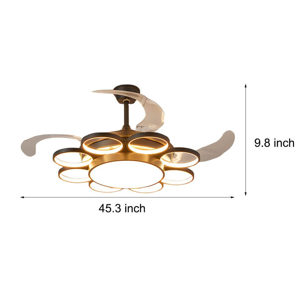 Invisible Silent Ring Ceiling Fan Light with Remote – 8-Ring LED Chandelier, 3-Step Dimming, Retractable Blades
