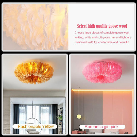Round Feathers LED Nordic Ceiling Light Flush Mount Chandelier