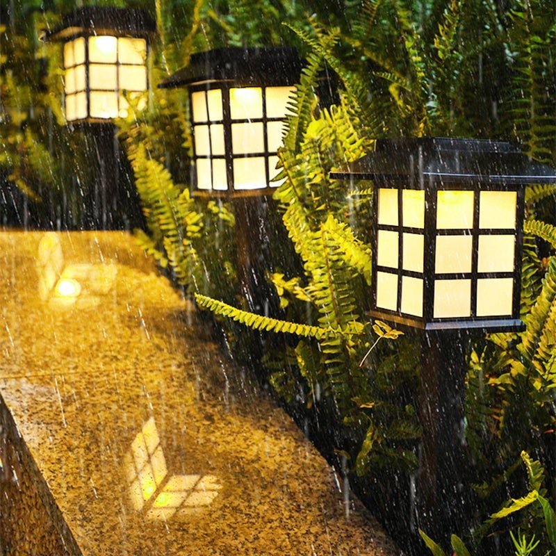 Square Pavilion-Shaped Solar Outdoor Lights – Black LED Garden Stakes Post Lighting