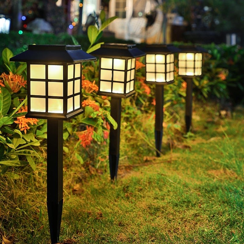 Square Pavilion-Shaped Solar Outdoor Lights – Black LED Garden Stakes Post Lighting
