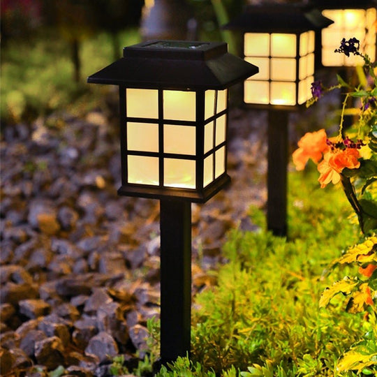 Square Pavilion-Shaped Solar Outdoor Lights – Black LED Garden Stakes Post Lighting