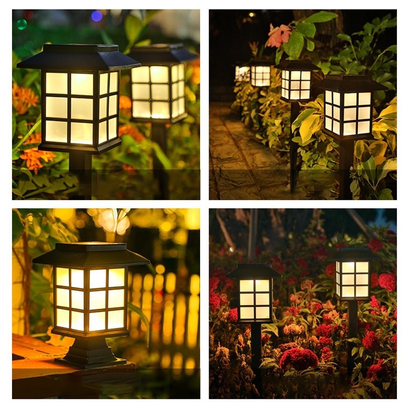 Square Pavilion-Shaped Solar Outdoor Lights – Black LED Garden Stakes Post Lighting