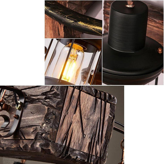 8 Light Vintage Rustic Wooden Chandelier Lantern LED Farmhouse Hanging Lamp