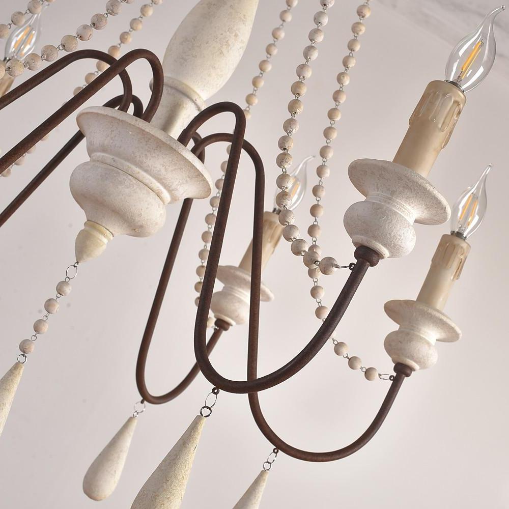 Rustic Farmhouse Wood Bead Chandelier with Teardrops Candle Style Lights