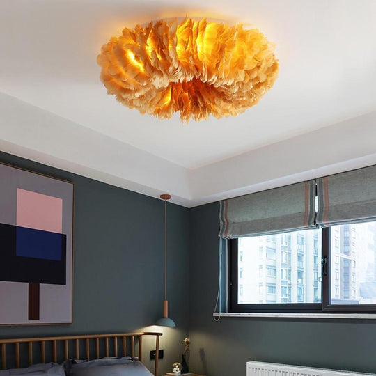 Round Feathers LED Nordic Ceiling Light Flush Mount Chandelier