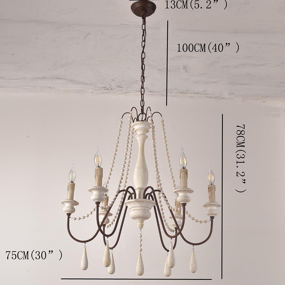 Rustic Farmhouse Wood Bead Chandelier with Teardrops Candle Style Lights