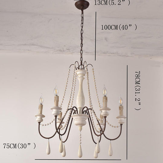 Rustic Farmhouse Wood Bead Chandelier with Teardrops Candle Style Lights