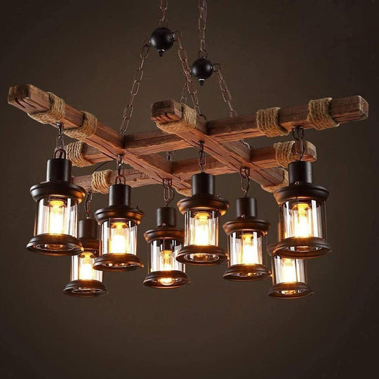 Vintage Wood and Glass LED Farmhouse Pendant Chandelier with 8 Lights
