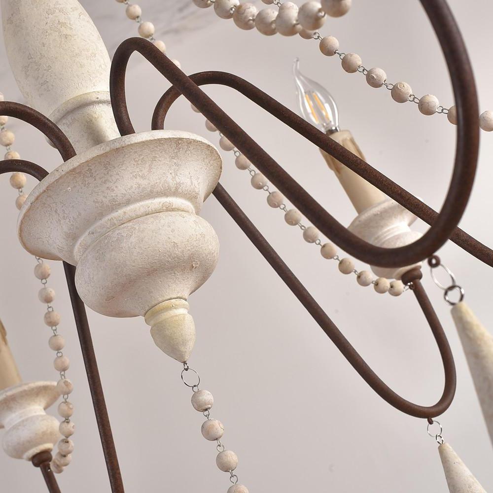 Rustic Farmhouse Wood Bead Chandelier with Teardrops Candle Style Lights