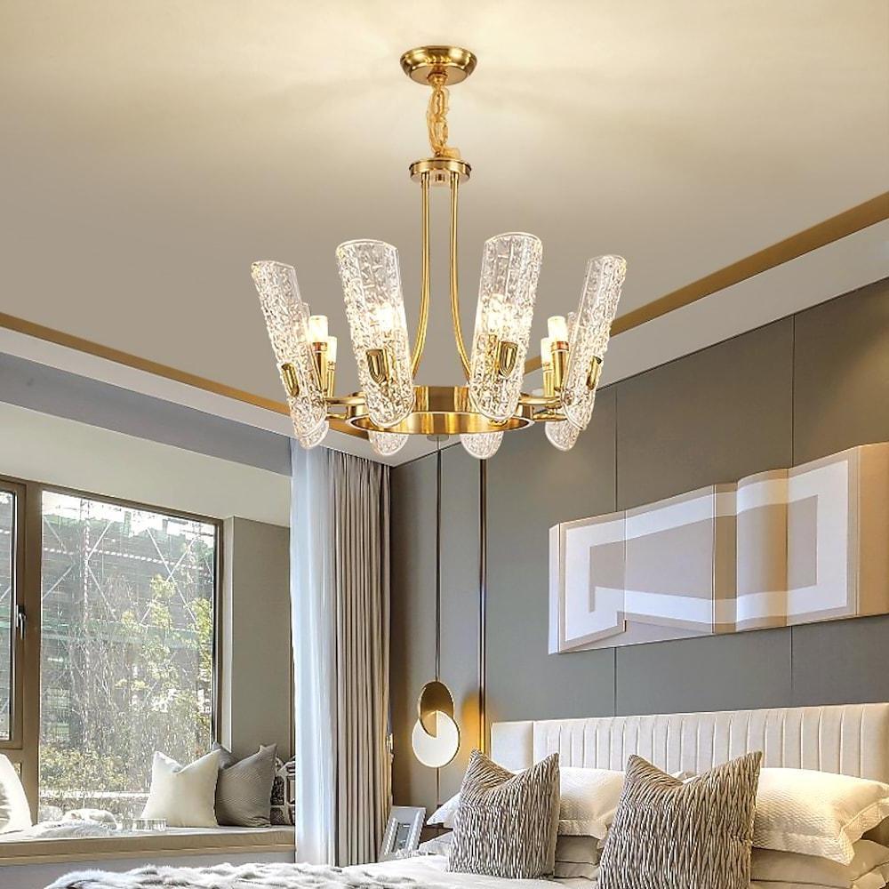 8 Light LED Electroplated Metal and Glass Chandelier Classic Gold Ceiling Light