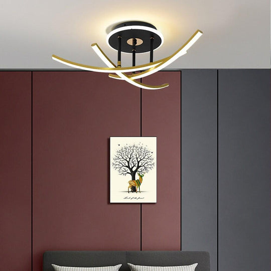 Curved Linear Dimmable LED Artistic Nordic Ceiling Light Semi-Flush Mount Lamp