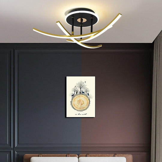 Curved Linear Dimmable LED Artistic Nordic Ceiling Light Semi-Flush Mount Lamp