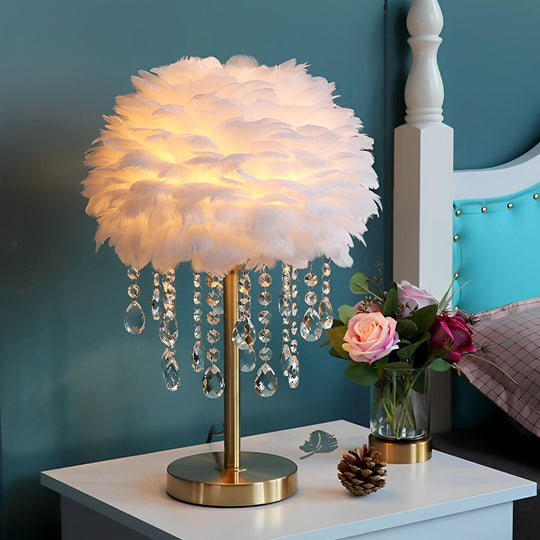Feather Table Lamp with LED Light and Crystal Tassels