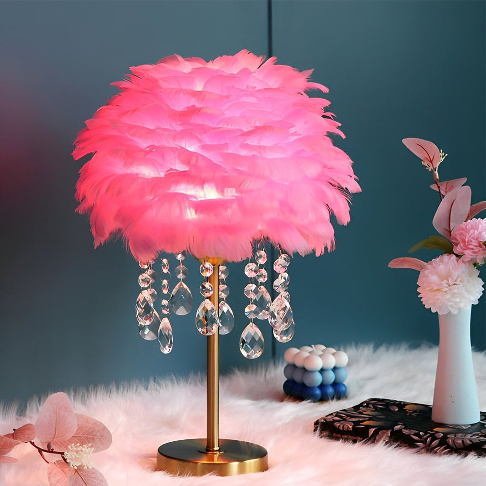 Feather Table Lamp with LED Light and Crystal Tassels
