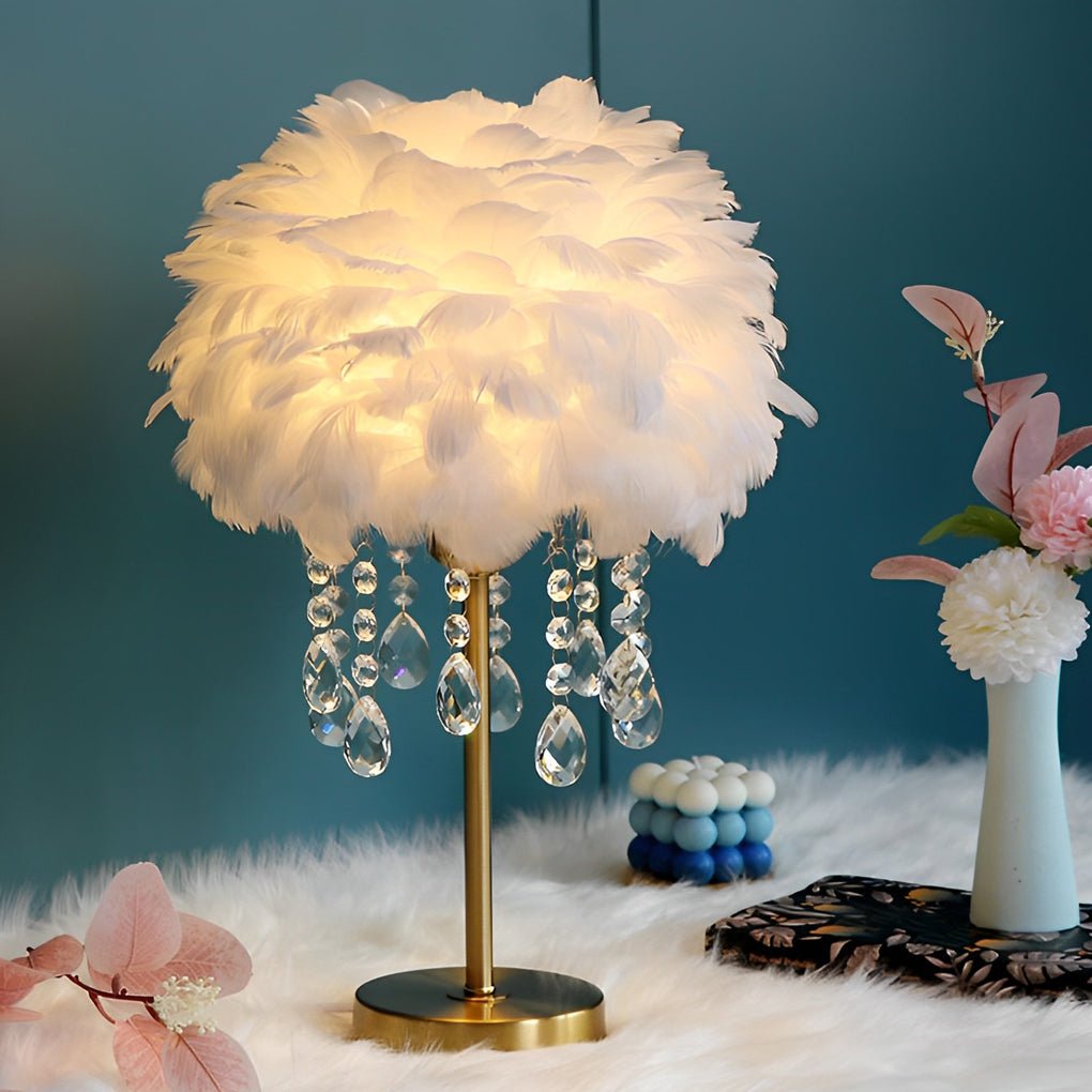 Feather Table Lamp with LED Light and Crystal Tassels