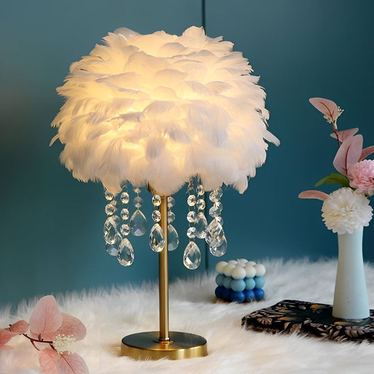 Feather Table Lamp with LED Light and Crystal Tassels