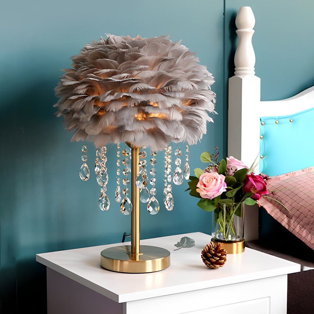 Feather Table Lamp with LED Light and Crystal Tassels