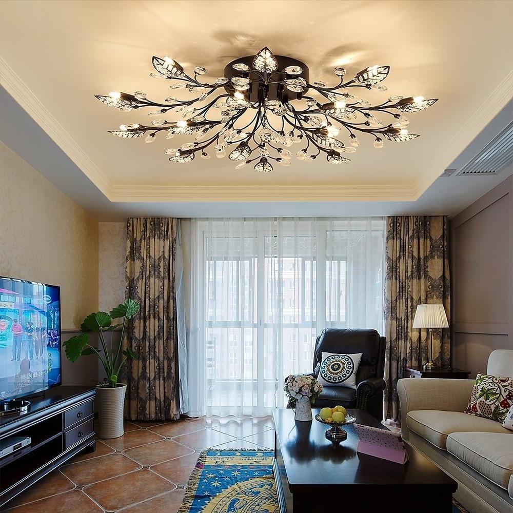 Crystal Leaves – Brushed Flush Mount Ceiling Chandelier for Living Room, Bedroom, and Dining Room