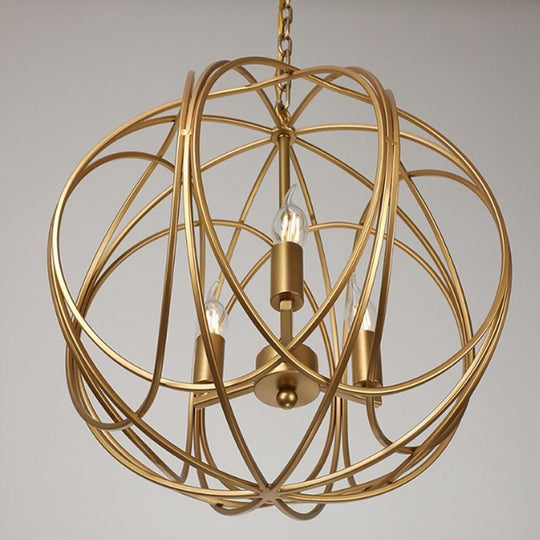 3 Light LED Brass Globe Cage Candlestick Orb Chandelier
