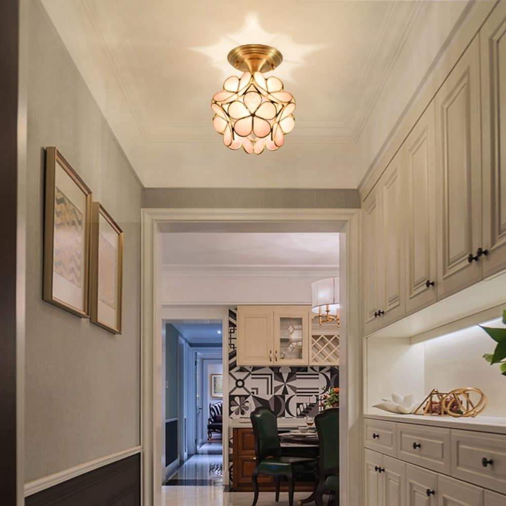 Candelabra Flower Hallway Flush Mount Copper Glass LED Ceiling Light