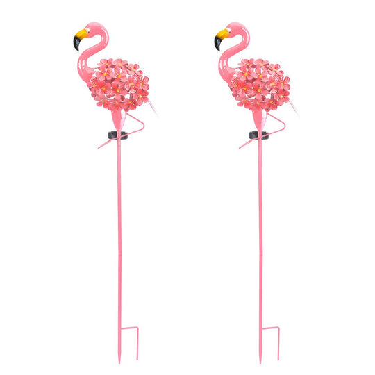 Metal Flamingo Solar Stake LED Lights Pink Outdoor Pathway Lamp 2 Pack