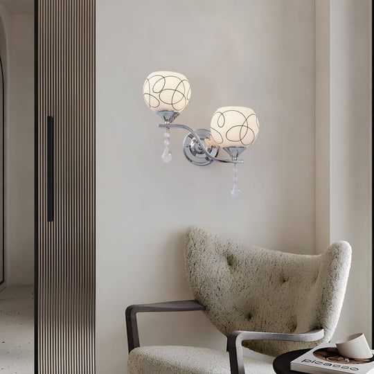 Modern 2-Light Open Sphere Wall Sconce with Crystal Pendants