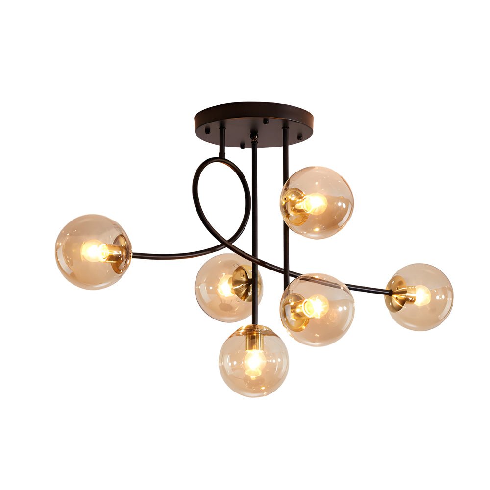 Modern 6 Light Gold Black Semi Flush Mount Chandelier with Glass Shade