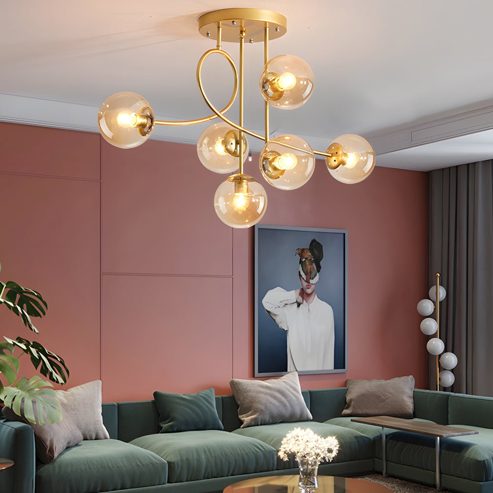 Modern 6 Light Gold Black Semi Flush Mount Chandelier with Glass Shade
