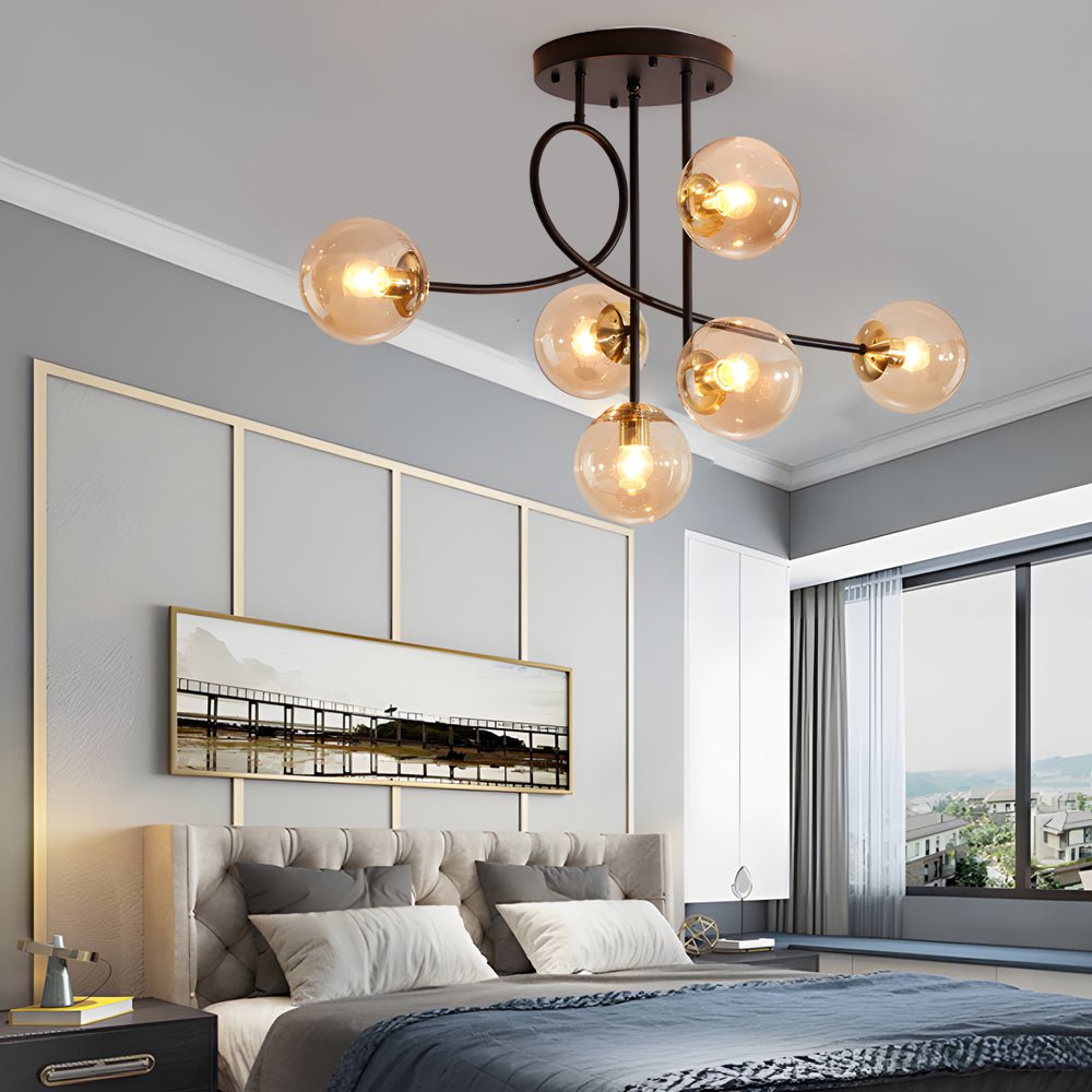 Modern 6 Light Gold Black Semi Flush Mount Chandelier with Glass Shade