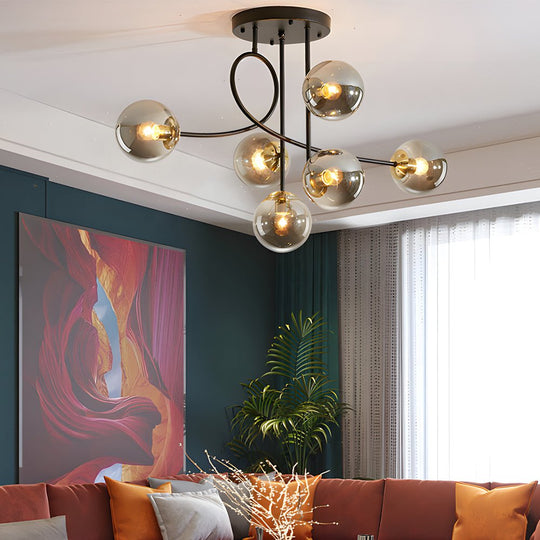 Modern 6 Light Gold Black Semi Flush Mount Chandelier with Glass Shade