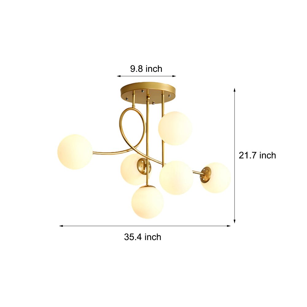 Modern 6 Light Gold Black Semi Flush Mount Chandelier with Glass Shade