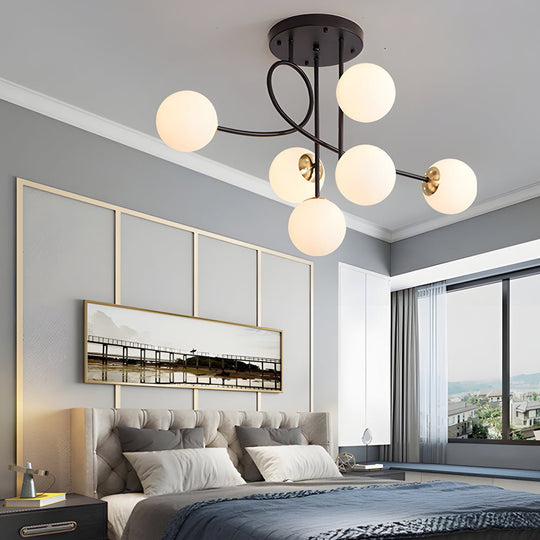 Modern 6 Light Gold Black Semi Flush Mount Chandelier with Glass Shade