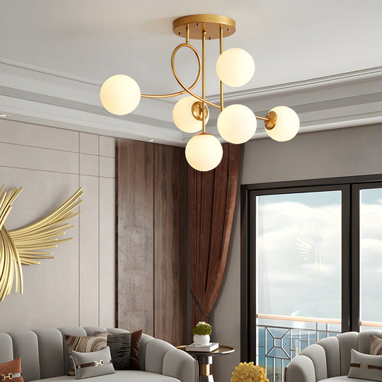 Modern 6 Light Gold Black Semi Flush Mount Chandelier with Glass Shade