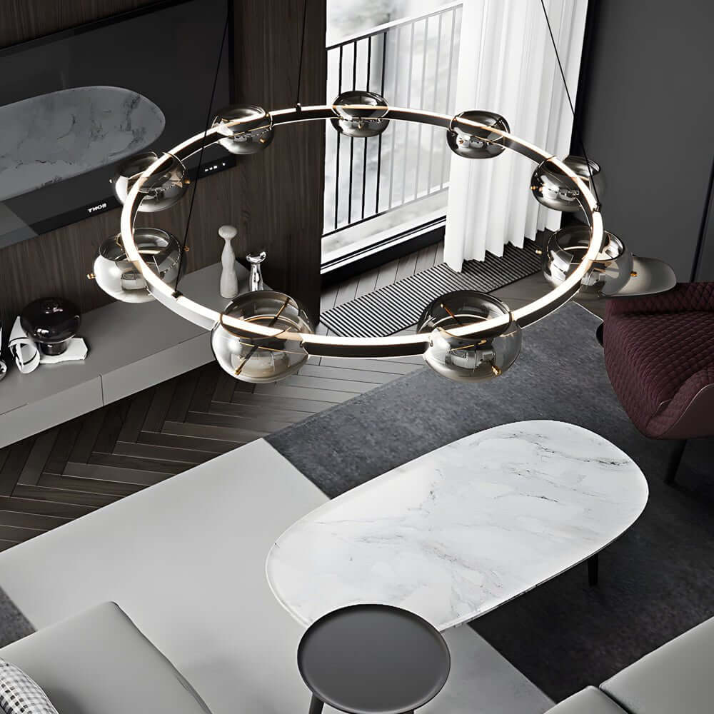 Modern Black Copper Ring Glass Sphere LED Chandelier