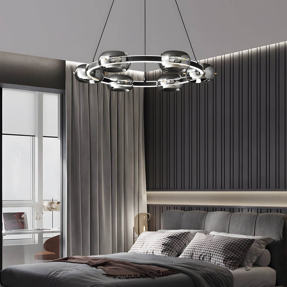 Modern Black Copper Ring Glass Sphere LED Chandelier
