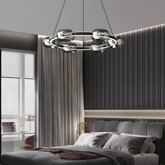 Modern Black Copper Ring Glass Sphere LED Chandelier