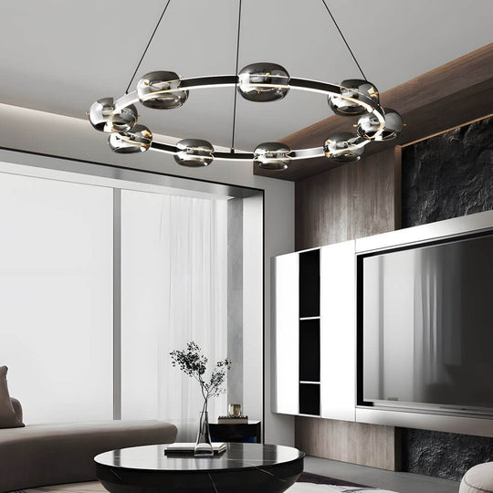 Modern Black Copper Ring Glass Sphere LED Chandelier