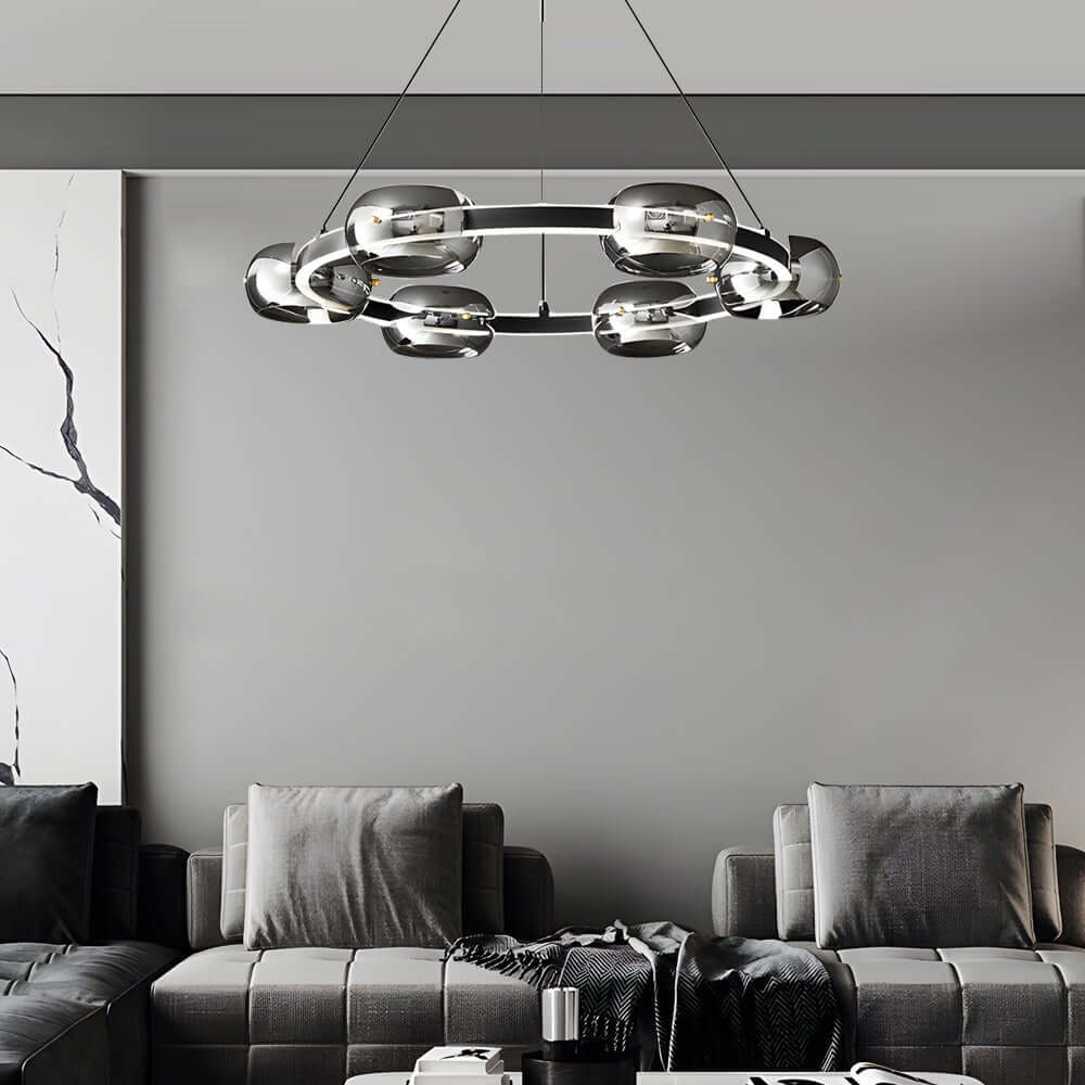 Modern Black Copper Ring Glass Sphere LED Chandelier
