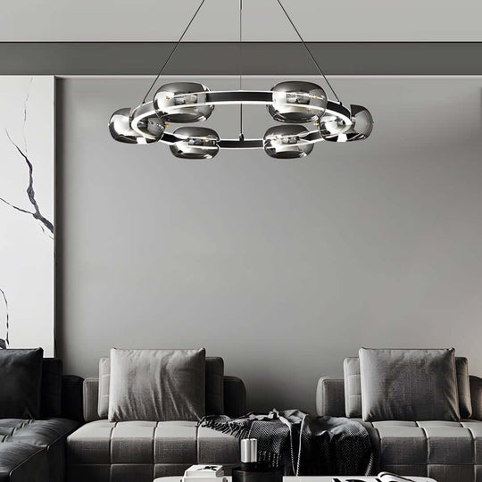 Modern Black Copper Ring Glass Sphere LED Chandelier