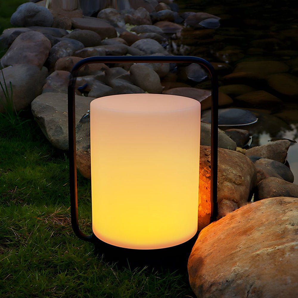 Modern Black Portable Outdoor Table Lamp with White Cylinder Shade – USB Rechargeable, IP65 Waterproof