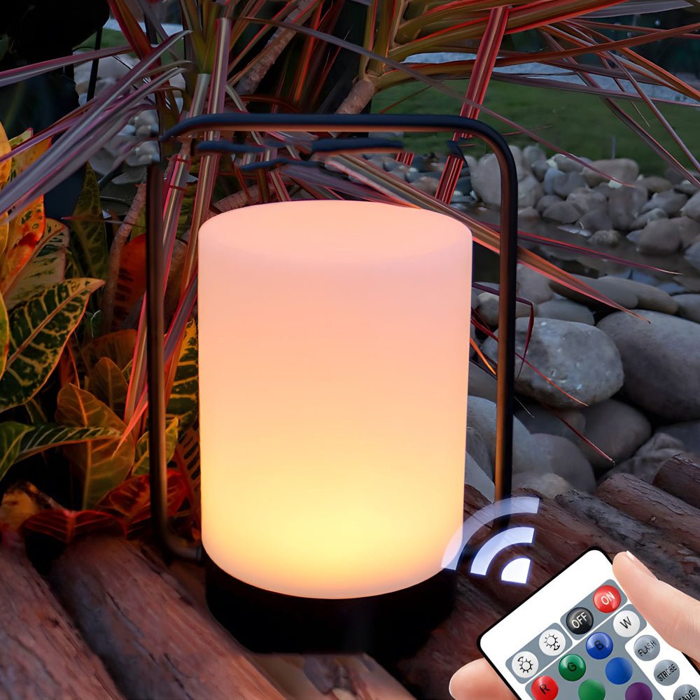 Modern Black Portable Outdoor Table Lamp with White Cylinder Shade – USB Rechargeable, IP65 Waterproof