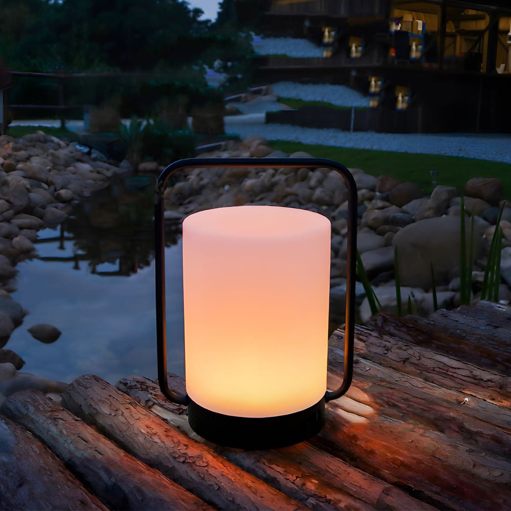 Modern Black Portable Outdoor Table Lamp with White Cylinder Shade – USB Rechargeable, IP65 Waterproof