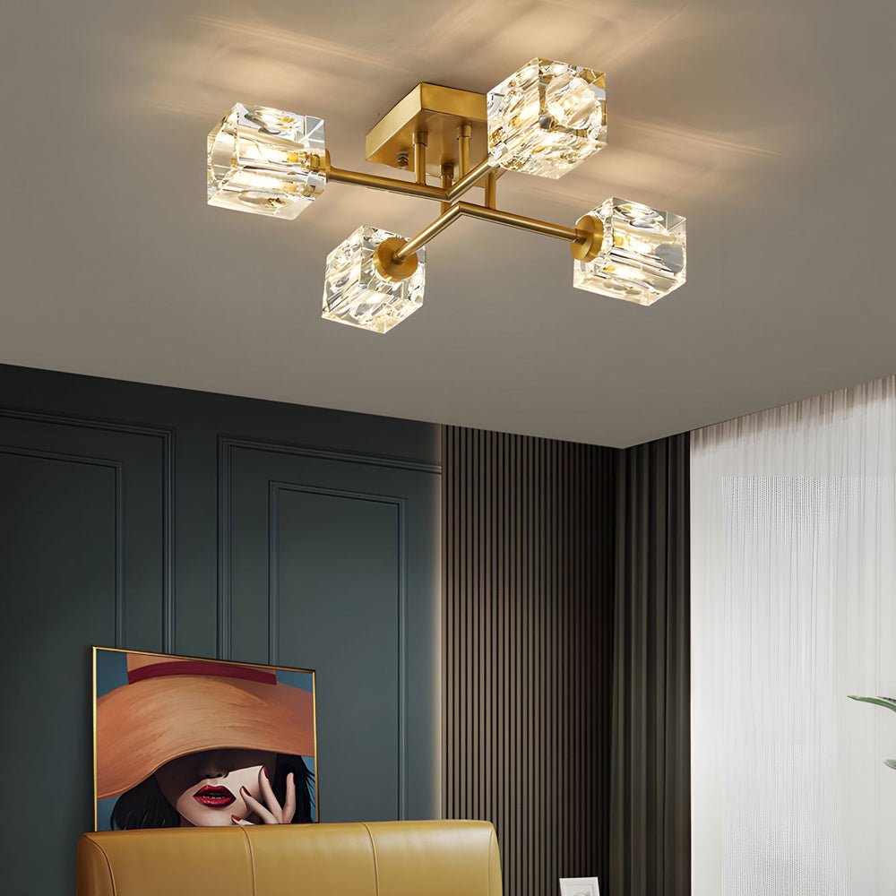 Modern Copper Crystal Cube Semi-Flush Mount Ceiling Light